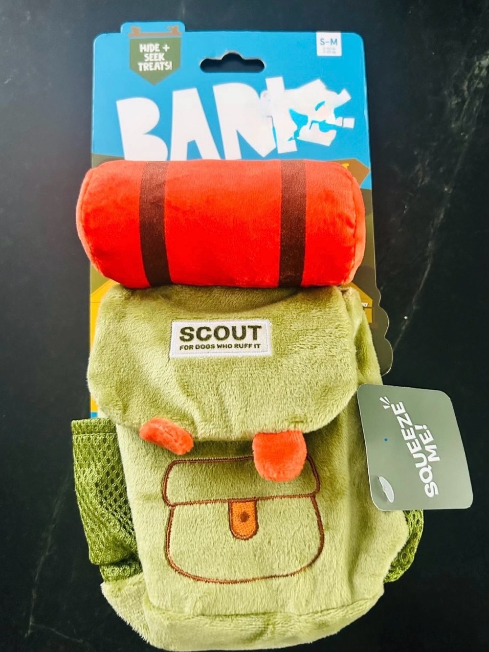 Bark Scout Plush Dog Backpack Toy in Green with Orange and Brown